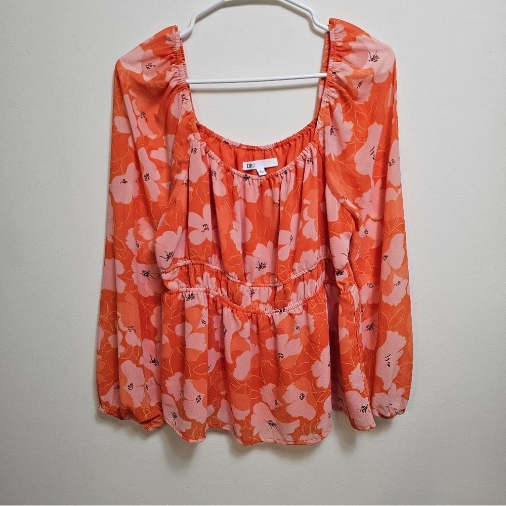 DR2 large orange/pink floral peplum long-sleeved blouse